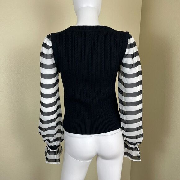 Maeve Women's Size S Black Contrast Sheer Sleeve Cable Knit Striped Sweater Goth - Picture 8 of 16